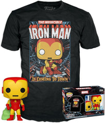 Funko Pop! & Tee: Marvel Holiday - Iron Man (GITD) #939 + T-Shirt (Size M) | מארז פאנקו וחולצה איירון מן לחג - זוהר בחושך