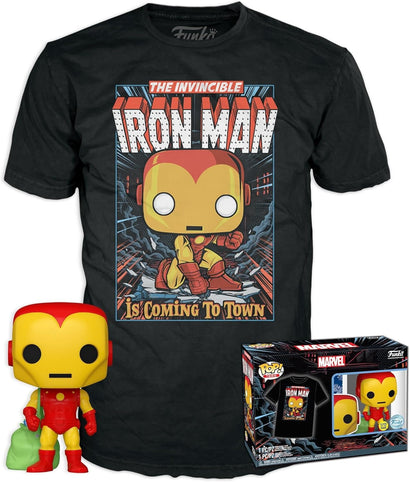 Funko Pop! & Tee: Marvel Holiday - Iron Man (GITD) #939 + T-Shirt (Size M) | מארז פאנקו וחולצה איירון מן לחג - זוהר בחושך