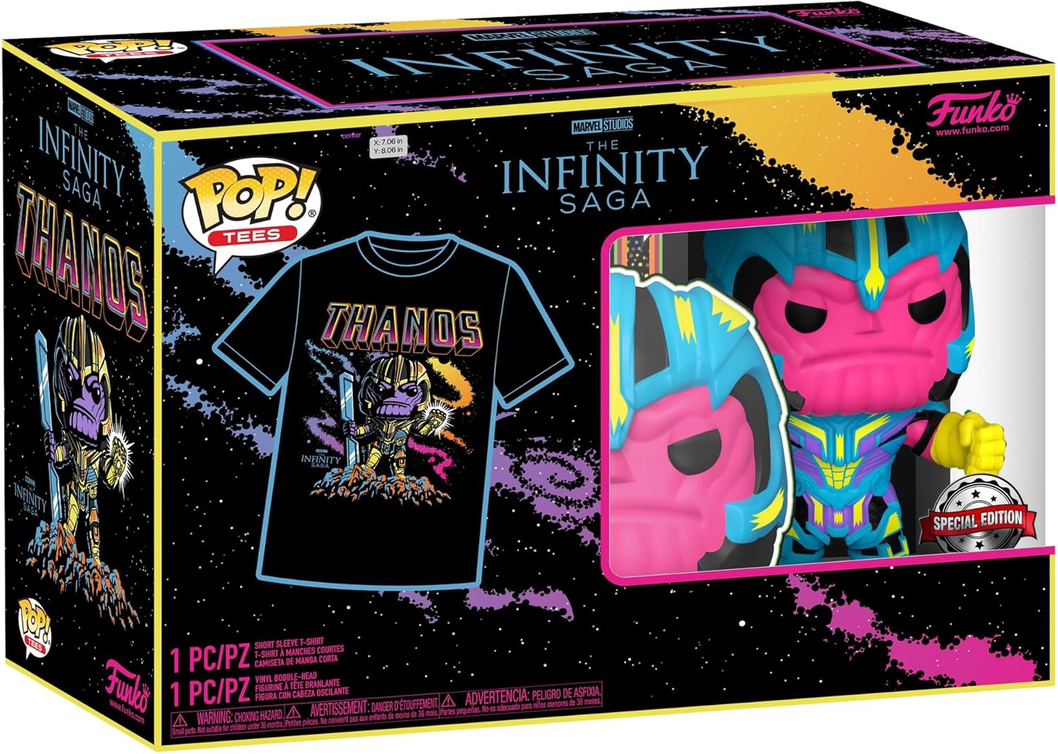 Funko Pop! & Tee: Marvel – Thanos (Blacklight) #909 + T-Shirt (Size S) | מארז פאנקו וחולצה תאנוס בלקלייט