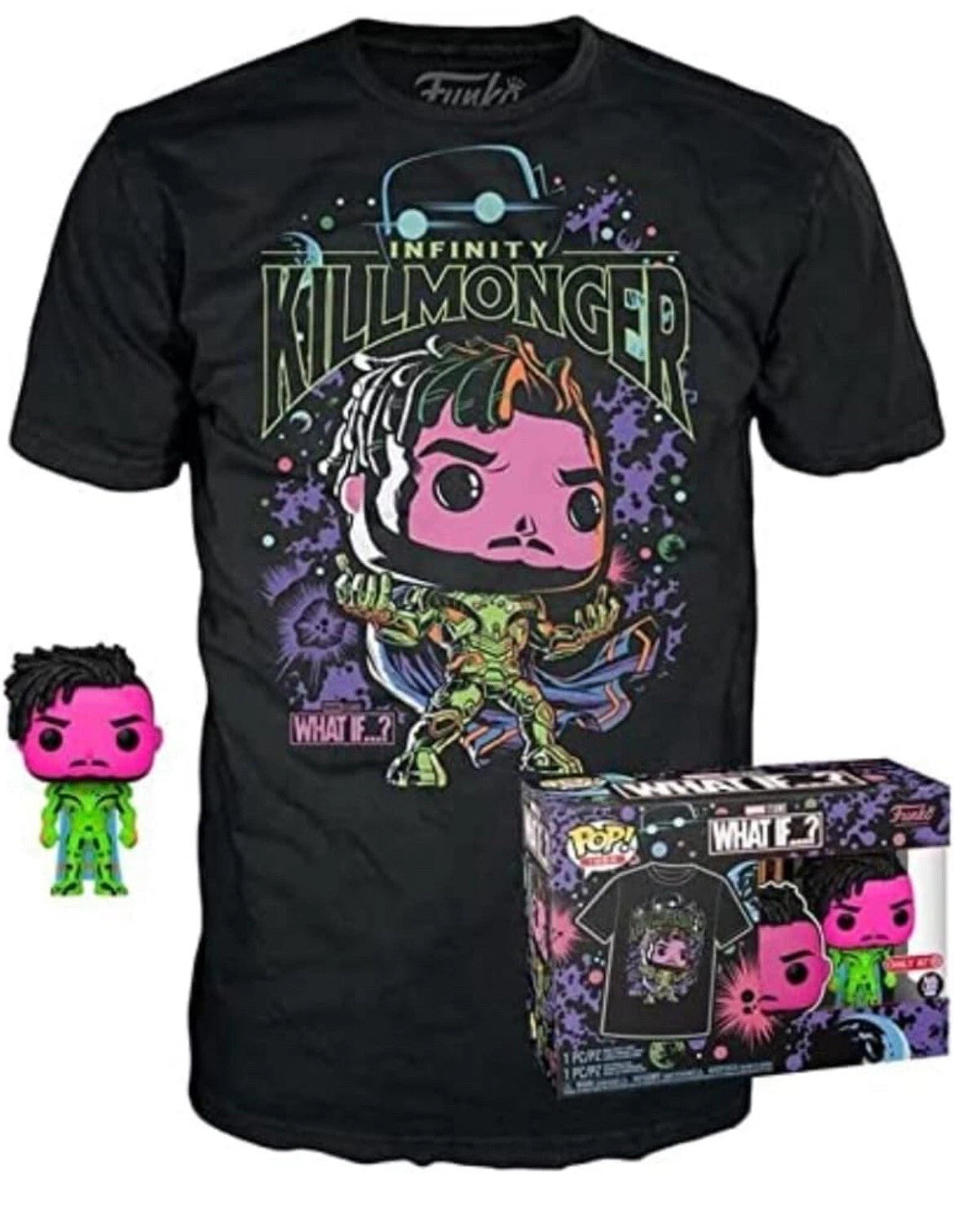 Funko Pop! & Tee Infinity Killmonger #989 Black Light Target Exclusive - מארז בובת פופ וחולצה קילמונגר